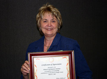 Maureen Allen, Science Program Specialist, OCDE, accepted the award for: Mineral Information Institute, Nelson Fugate, Director,